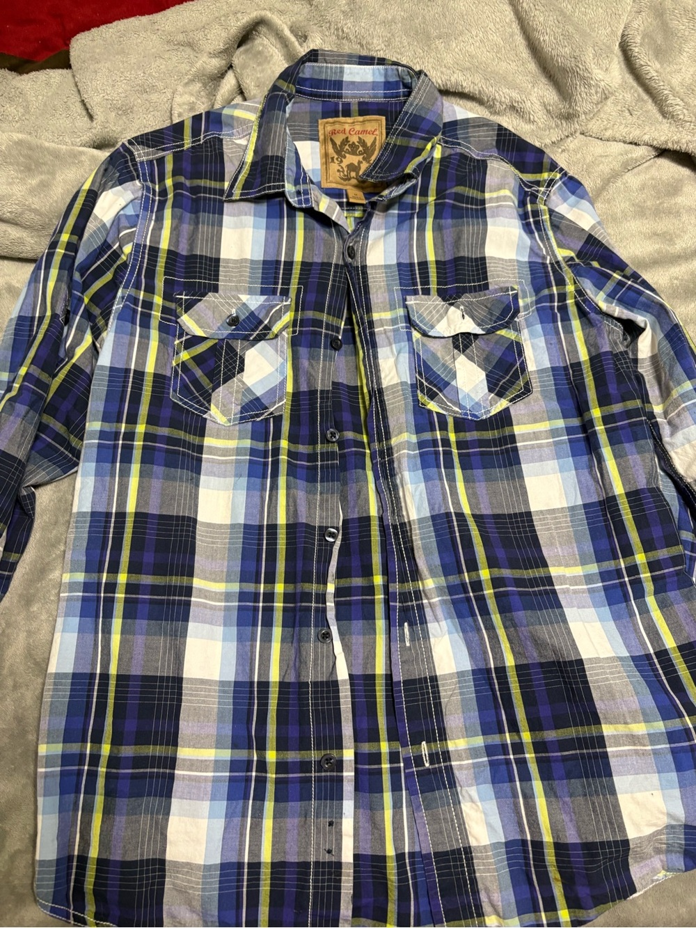 Red Camel Men's Blue and Yellow Plaid Button-Down Shirt